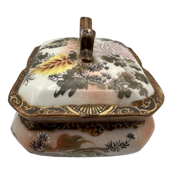 Vintage 40s Asian Art Porcelain Trinket Box Lidded Handle Floral Butterfly - Picture 3 of 13